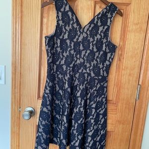 Blue rain, lace overlay dress, navy and tan, sizeL
